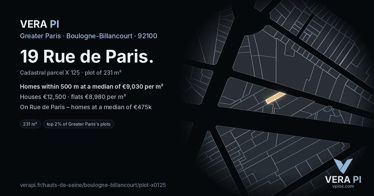19 Rue de Paris, Boulogne-Billancourt at night – the plot lit, the parcels around coloured by the prices near them