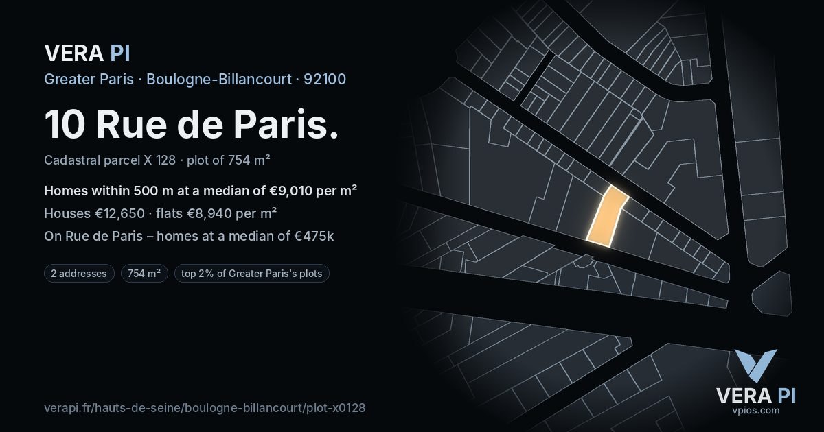 10 Rue de Paris, Boulogne-Billancourt at night – the plot lit, the parcels around coloured by the prices near them