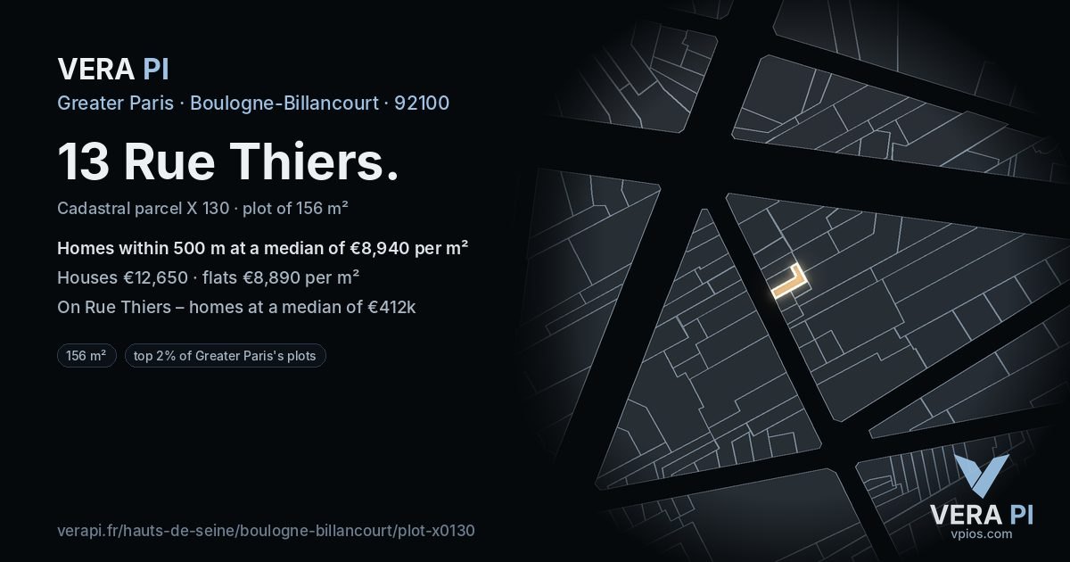 13 Rue Thiers, Boulogne-Billancourt at night – the plot lit, the parcels around coloured by the prices near them