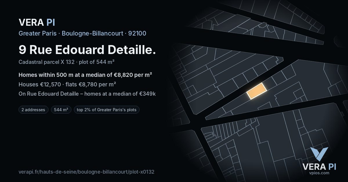 9 Rue Edouard Detaille, Boulogne-Billancourt at night – the plot lit, the parcels around coloured by the prices near them