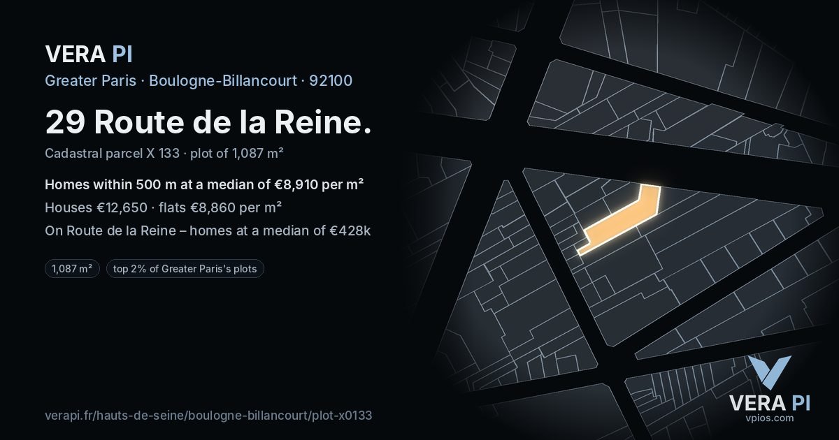 29 Route de la Reine, Boulogne-Billancourt at night – the plot lit, the parcels around coloured by the prices near them