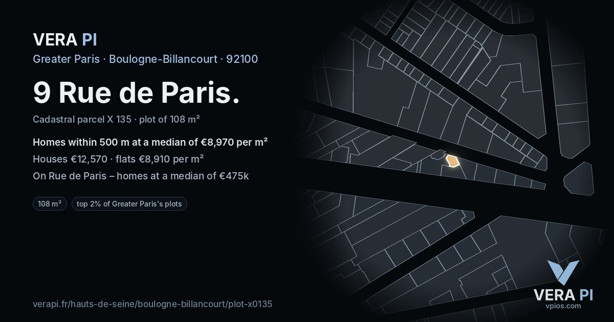 9 Rue de Paris, Boulogne-Billancourt at night – the plot lit, the parcels around coloured by the prices near them