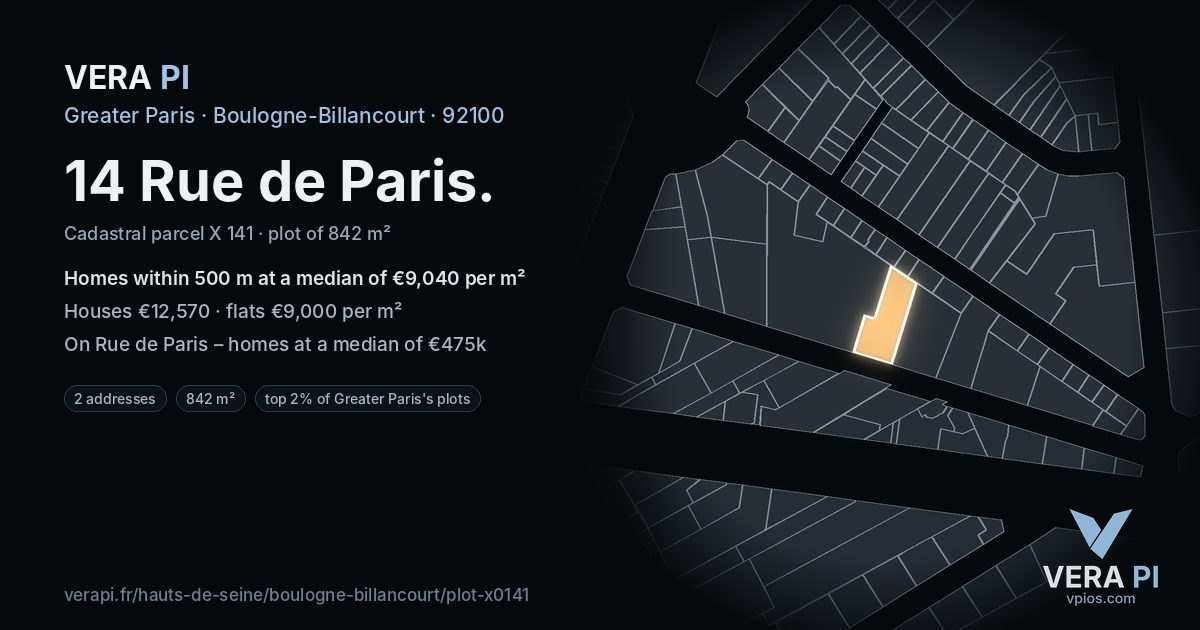 14 Rue de Paris, Boulogne-Billancourt at night – the plot lit, the parcels around coloured by the prices near them