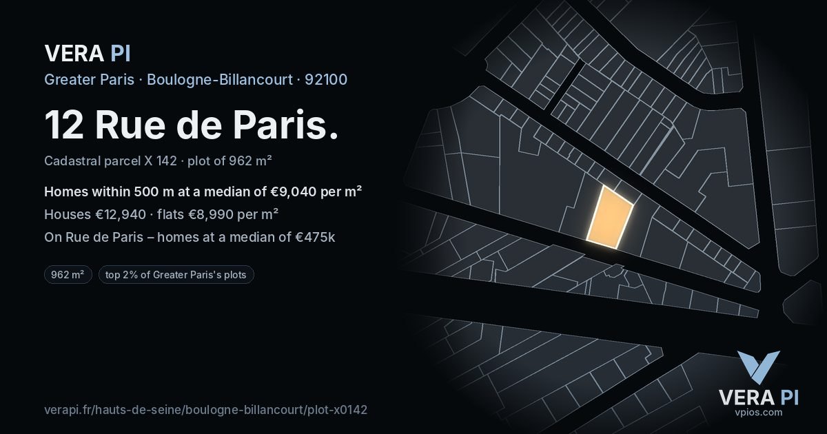 12 Rue de Paris, Boulogne-Billancourt at night – the plot lit, the parcels around coloured by the prices near them