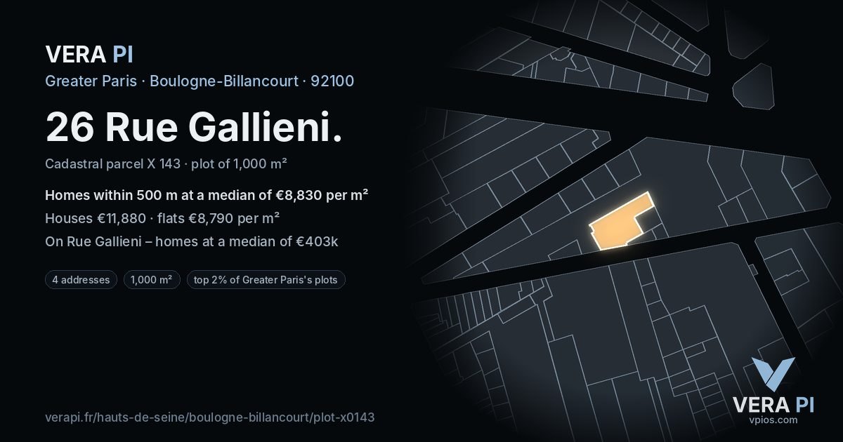 26 Rue Gallieni, Boulogne-Billancourt at night – the plot lit, the parcels around coloured by the prices near them