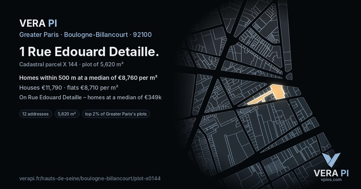 1 Rue Edouard Detaille, Boulogne-Billancourt at night – the plot lit, the parcels around coloured by the prices near them