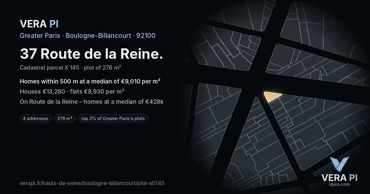37 Route de la Reine, Boulogne-Billancourt at night – the plot lit, the parcels around coloured by the prices near them