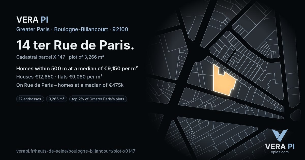 14 ter Rue de Paris, Boulogne-Billancourt at night – the plot lit, the parcels around coloured by the prices near them