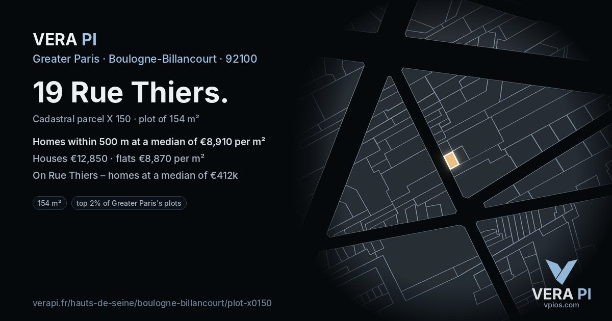19 Rue Thiers, Boulogne-Billancourt at night – the plot lit, the parcels around coloured by the prices near them