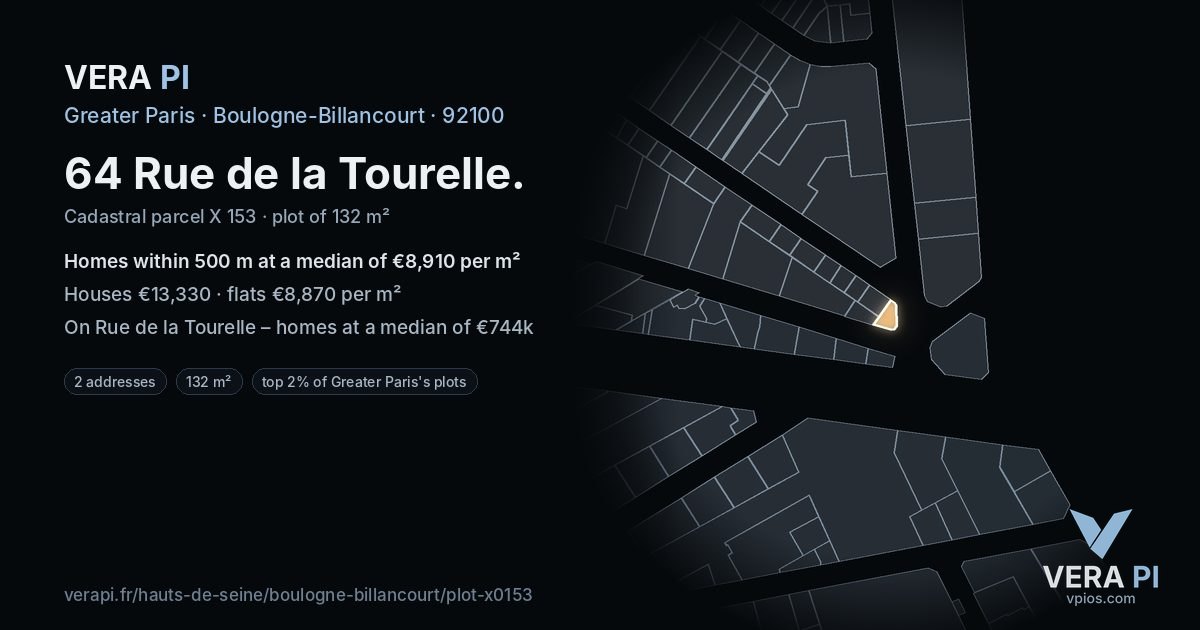 64 Rue de la Tourelle, Boulogne-Billancourt at night – the plot lit, the parcels around coloured by the prices near them