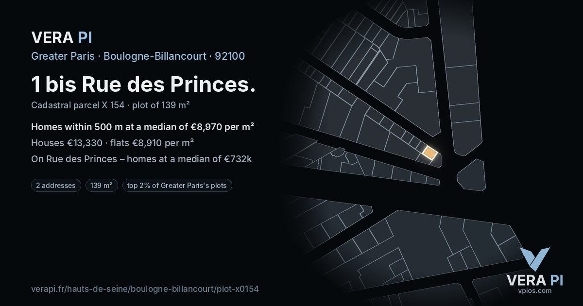 1 bis Rue des Princes, Boulogne-Billancourt at night – the plot lit, the parcels around coloured by the prices near them