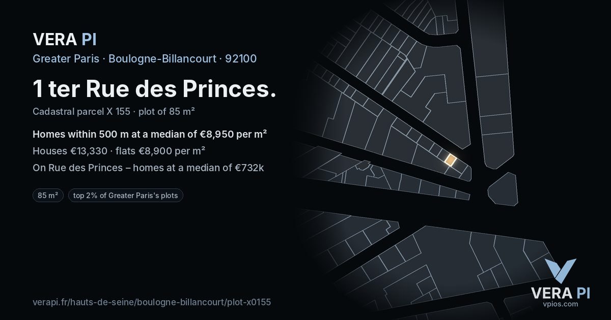 1 ter Rue des Princes, Boulogne-Billancourt at night – the plot lit, the parcels around coloured by the prices near them