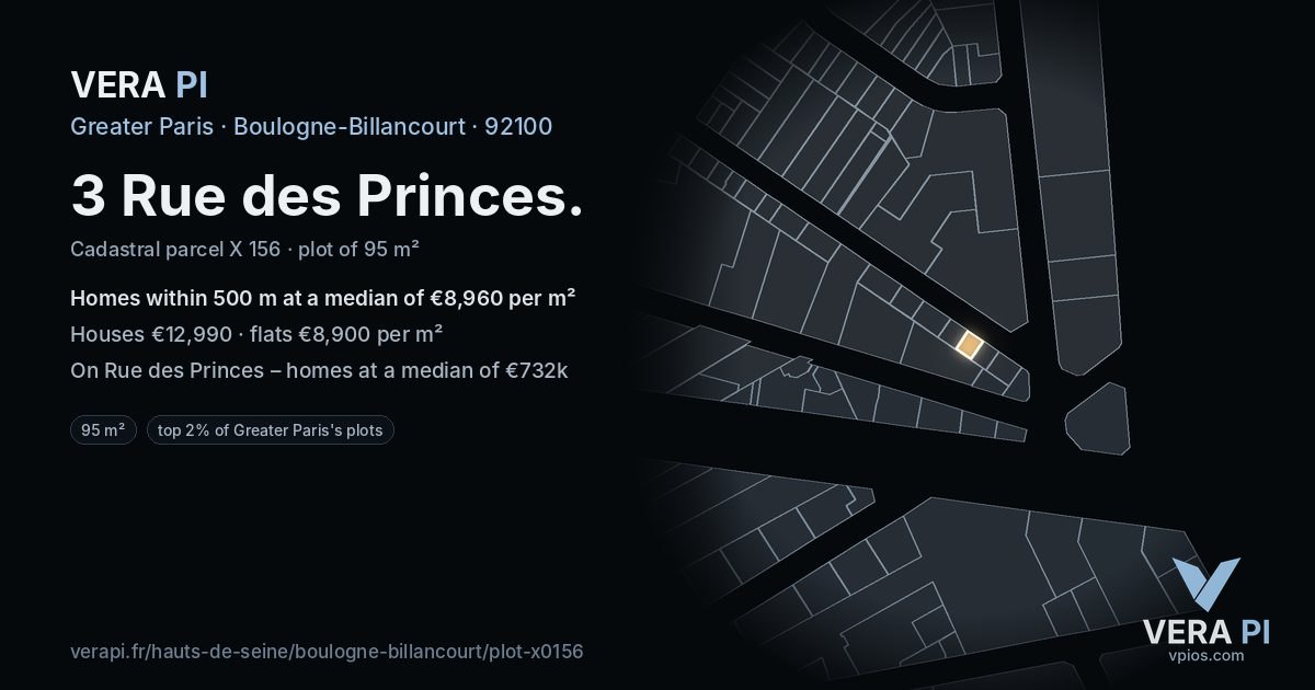 3 Rue des Princes, Boulogne-Billancourt at night – the plot lit, the parcels around coloured by the prices near them