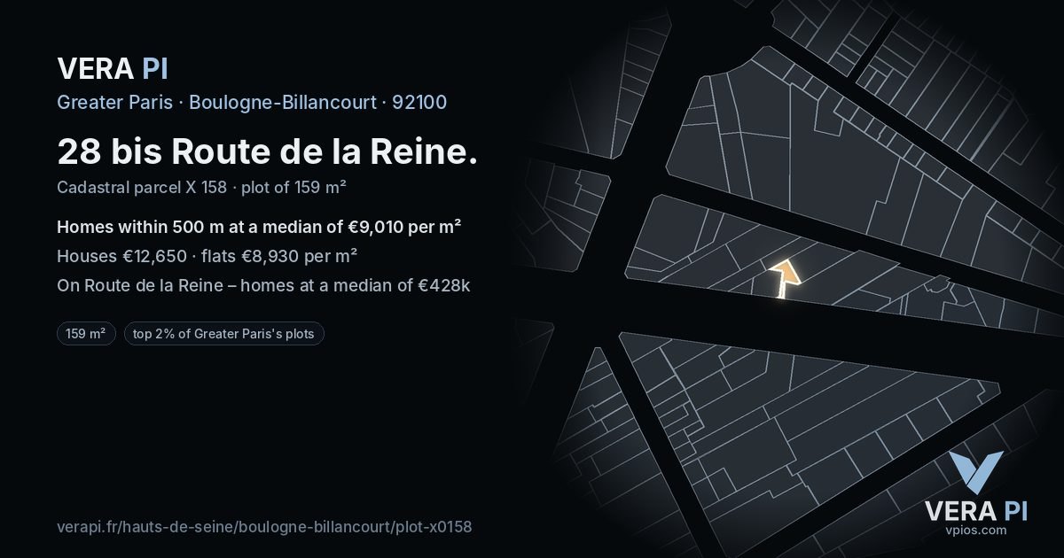 28 bis Route de la Reine, Boulogne-Billancourt at night – the plot lit, the parcels around coloured by the prices near them