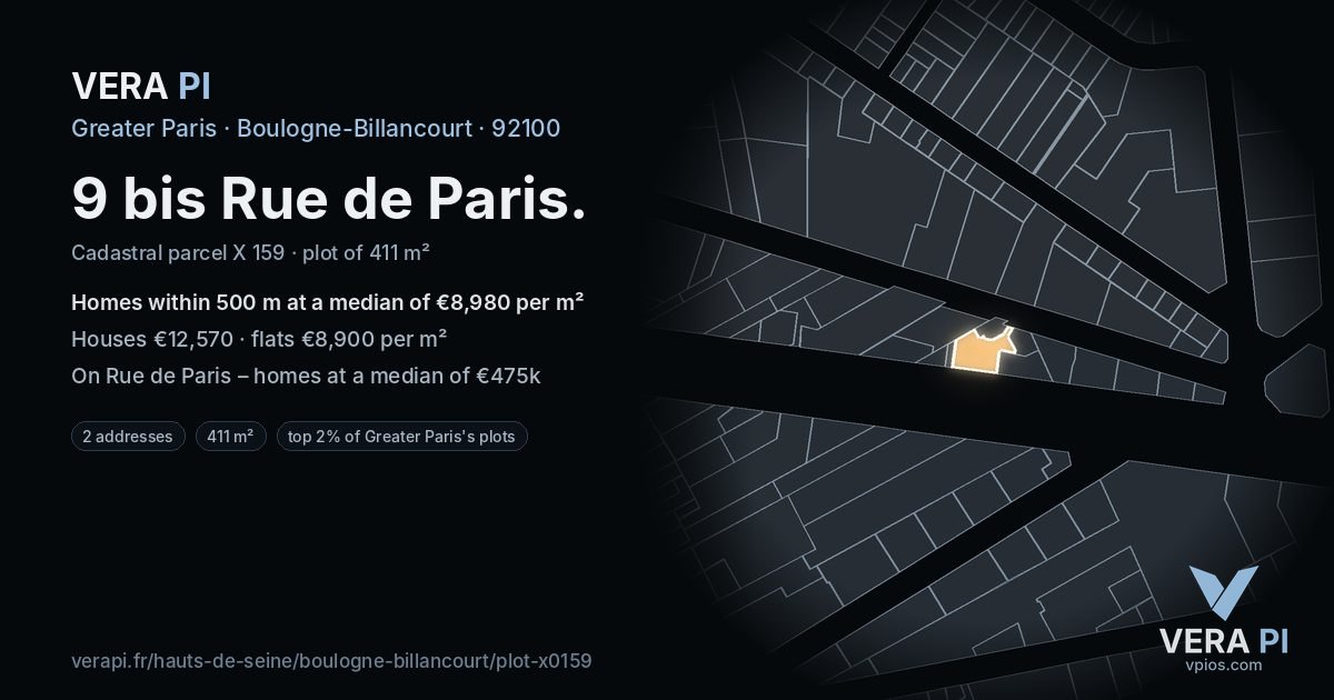 9 bis Rue de Paris, Boulogne-Billancourt at night – the plot lit, the parcels around coloured by the prices near them