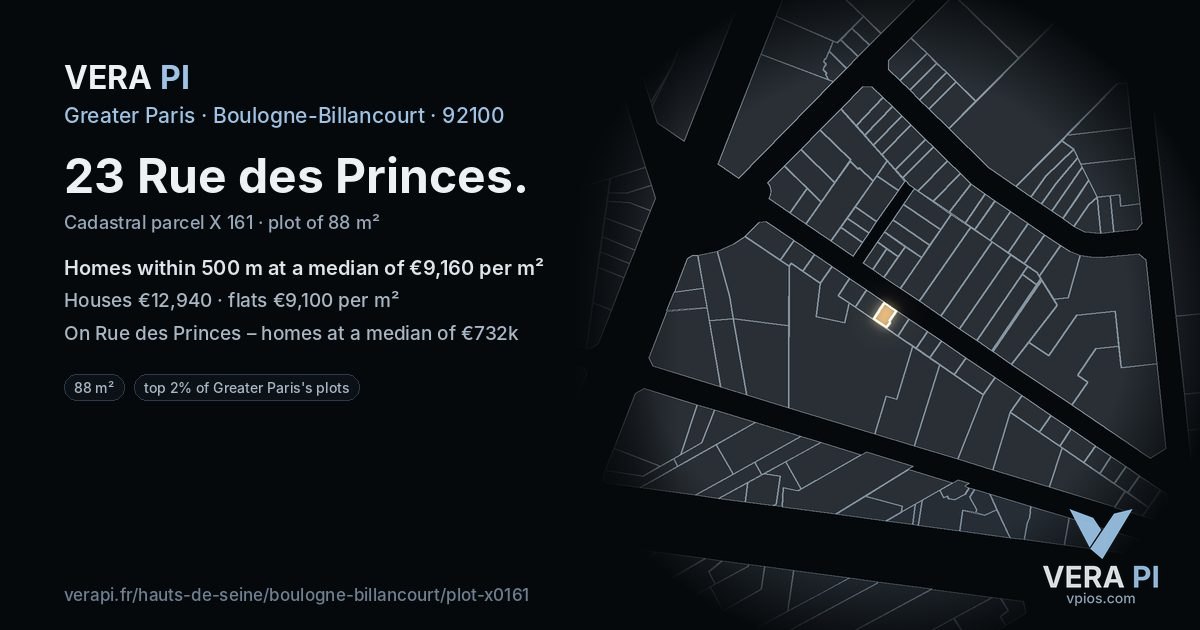 23 Rue des Princes, Boulogne-Billancourt at night – the plot lit, the parcels around coloured by the prices near them