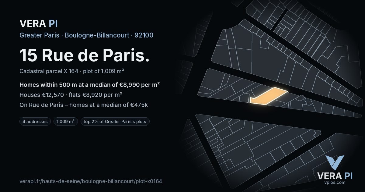 15 Rue de Paris, Boulogne-Billancourt at night – the plot lit, the parcels around coloured by the prices near them