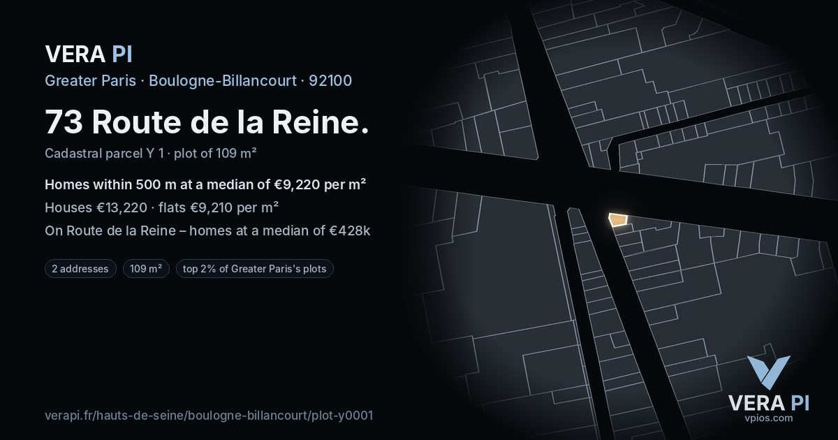 73 Route de la Reine, Boulogne-Billancourt at night – the plot lit, the parcels around coloured by the prices near them