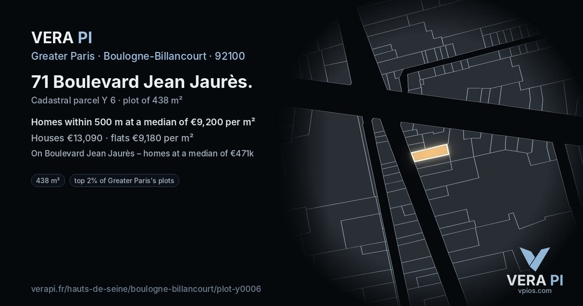 71 Boulevard Jean Jaurès, Boulogne-Billancourt at night – the plot lit, the parcels around coloured by the prices near them