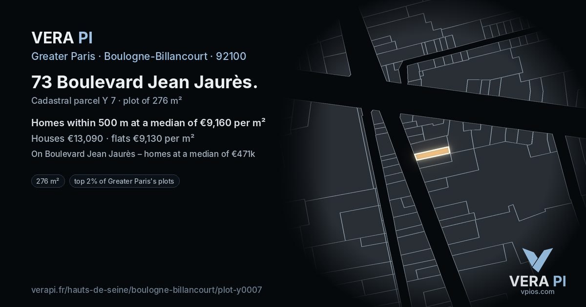 73 Boulevard Jean Jaurès, Boulogne-Billancourt at night – the plot lit, the parcels around coloured by the prices near them