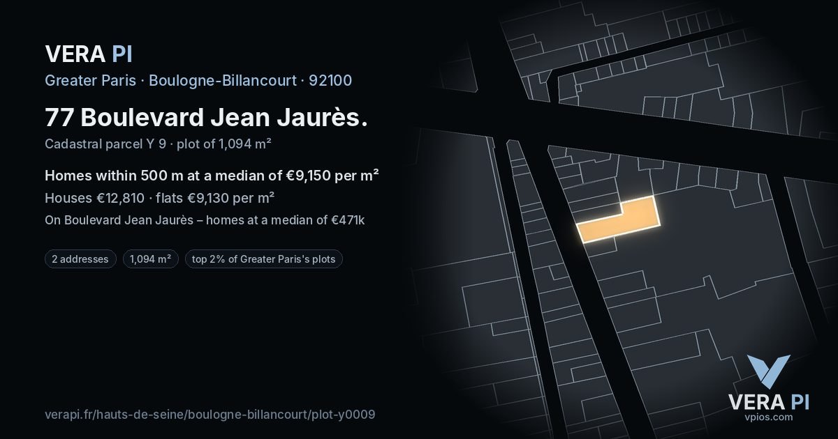 77 Boulevard Jean Jaurès, Boulogne-Billancourt at night – the plot lit, the parcels around coloured by the prices near them