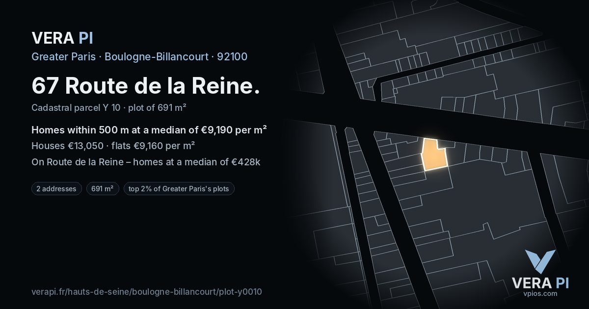 67 Route de la Reine, Boulogne-Billancourt at night – the plot lit, the parcels around coloured by the prices near them