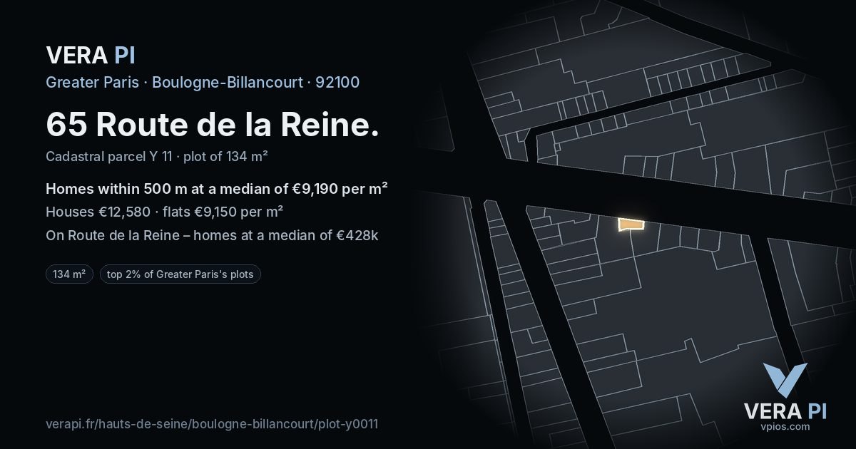 65 Route de la Reine, Boulogne-Billancourt at night – the plot lit, the parcels around coloured by the prices near them