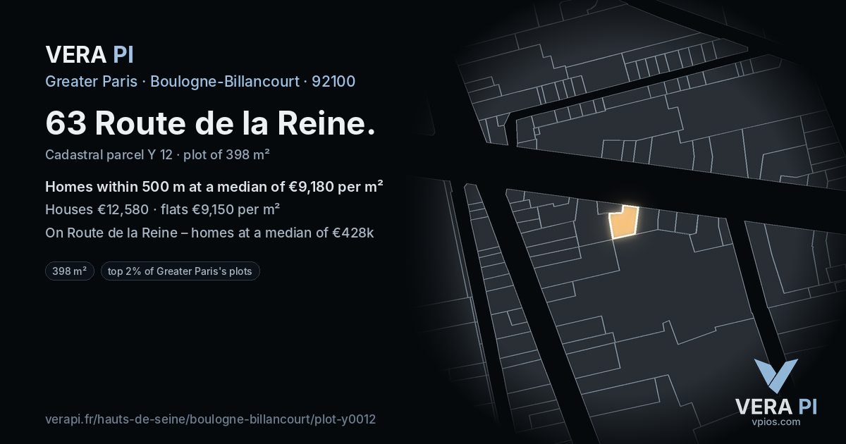 63 Route de la Reine, Boulogne-Billancourt at night – the plot lit, the parcels around coloured by the prices near them