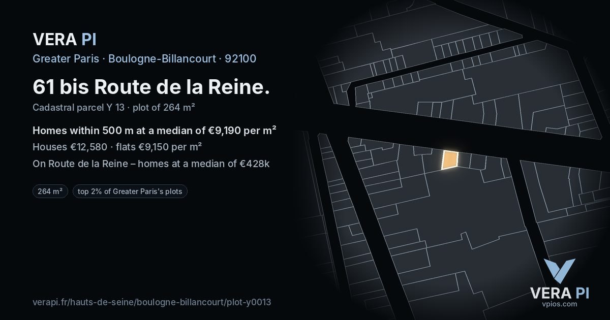 61 bis Route de la Reine, Boulogne-Billancourt at night – the plot lit, the parcels around coloured by the prices near them