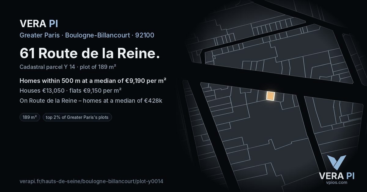 61 Route de la Reine, Boulogne-Billancourt at night – the plot lit, the parcels around coloured by the prices near them