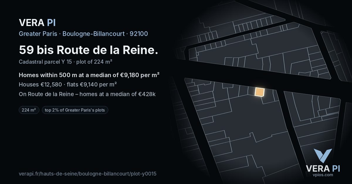 59 bis Route de la Reine, Boulogne-Billancourt at night – the plot lit, the parcels around coloured by the prices near them