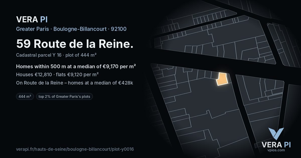 59 Route de la Reine, Boulogne-Billancourt at night – the plot lit, the parcels around coloured by the prices near them