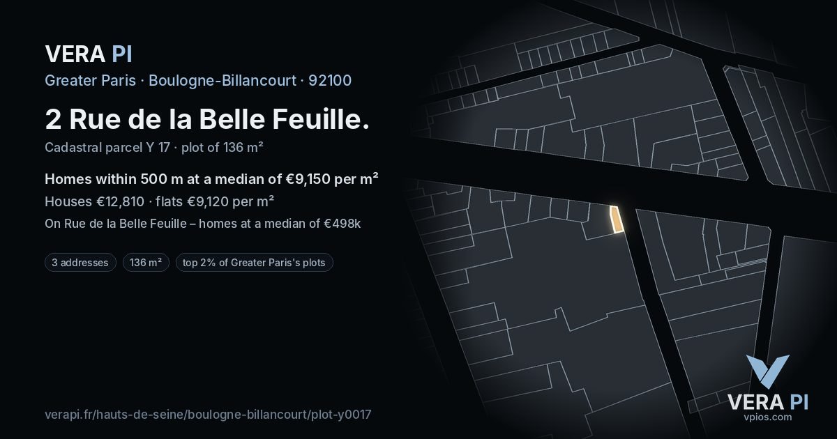 2 Rue de la Belle Feuille, Boulogne-Billancourt at night – the plot lit, the parcels around coloured by the prices near them