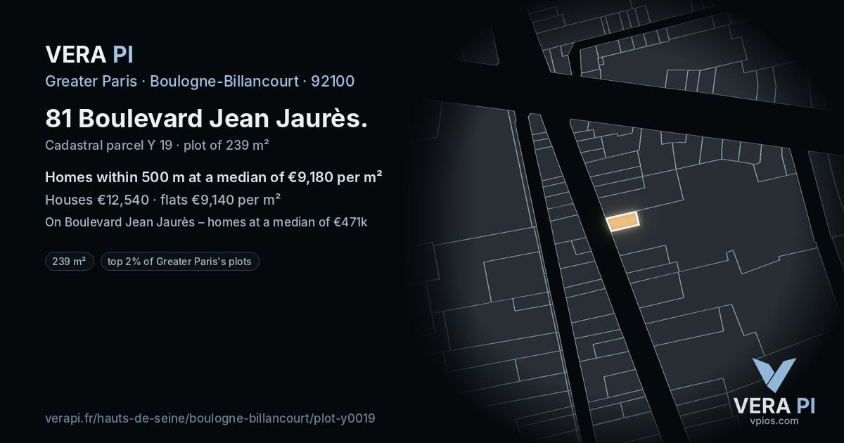 81 Boulevard Jean Jaurès, Boulogne-Billancourt at night – the plot lit, the parcels around coloured by the prices near them