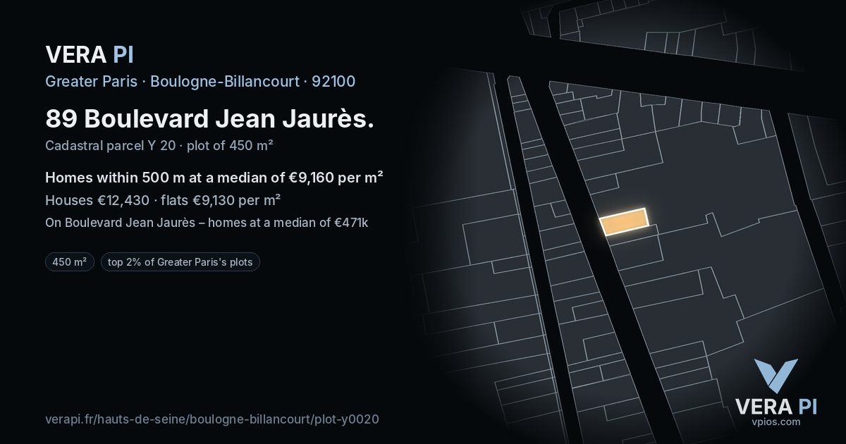 89 Boulevard Jean Jaurès, Boulogne-Billancourt at night – the plot lit, the parcels around coloured by the prices near them