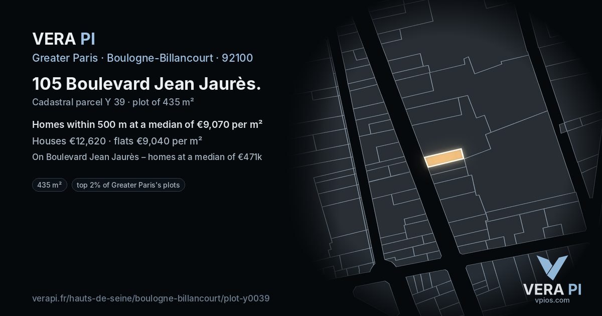 105 Boulevard Jean Jaurès, Boulogne-Billancourt at night – the plot lit, the parcels around coloured by the prices near them
