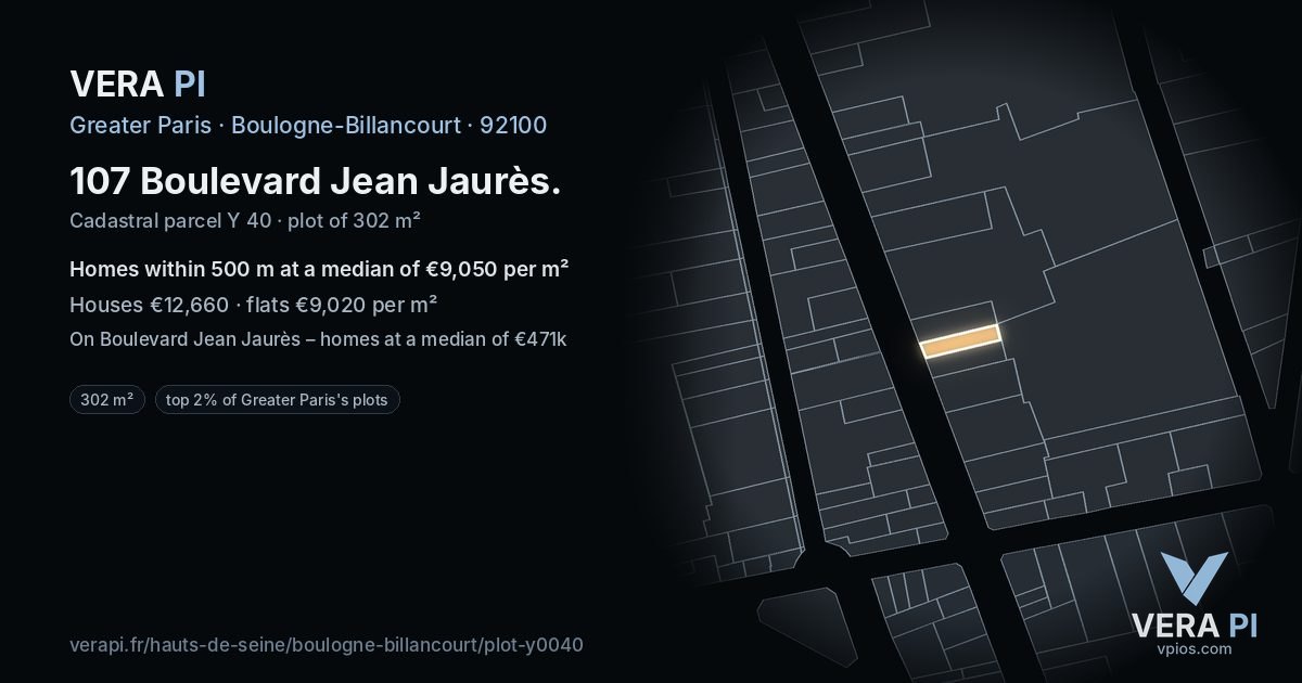 107 Boulevard Jean Jaurès, Boulogne-Billancourt at night – the plot lit, the parcels around coloured by the prices near them