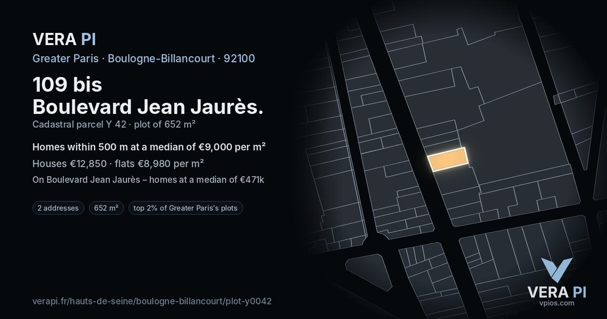 109 bis Boulevard Jean Jaurès, Boulogne-Billancourt at night – the plot lit, the parcels around coloured by the prices near them