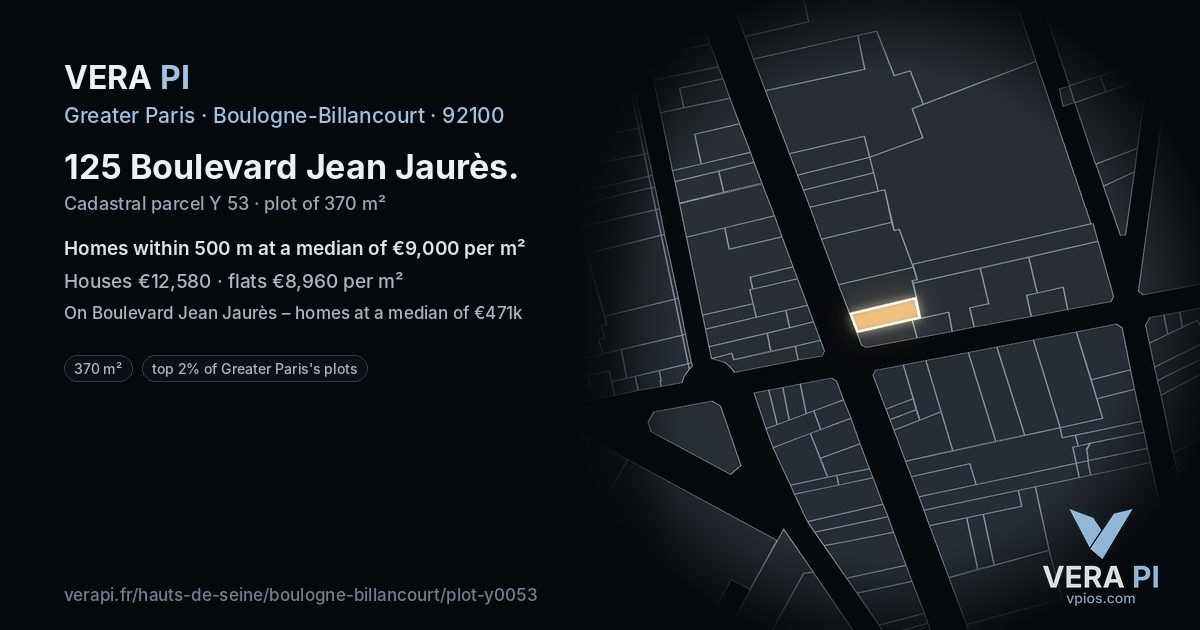125 Boulevard Jean Jaurès, Boulogne-Billancourt at night – the plot lit, the parcels around coloured by the prices near them