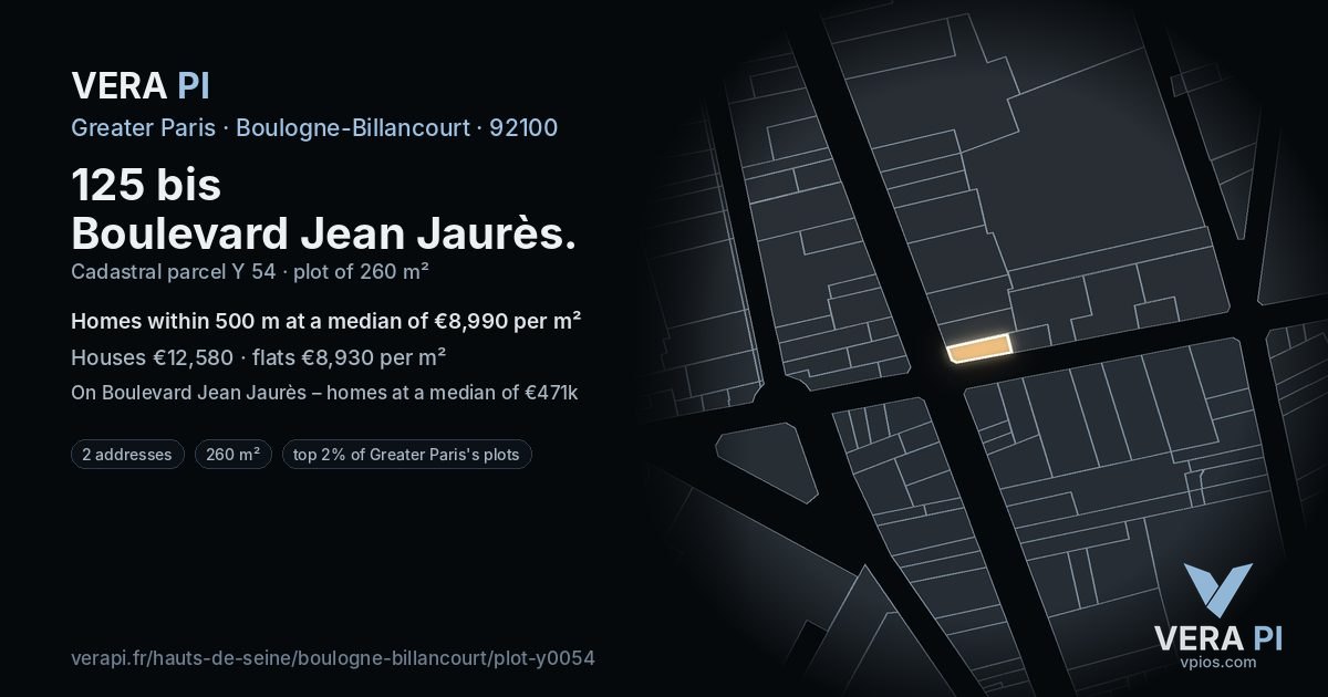 125 bis Boulevard Jean Jaurès, Boulogne-Billancourt at night – the plot lit, the parcels around coloured by the prices near them