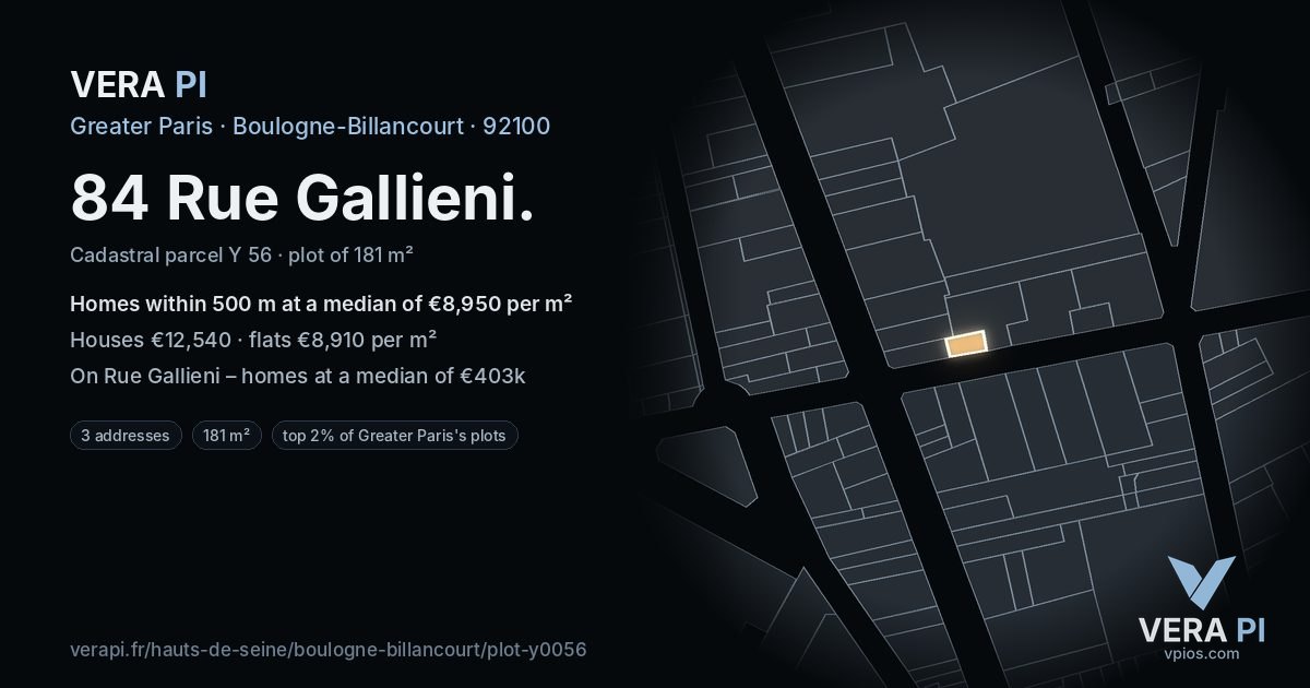 84 Rue Gallieni, Boulogne-Billancourt at night – the plot lit, the parcels around coloured by the prices near them
