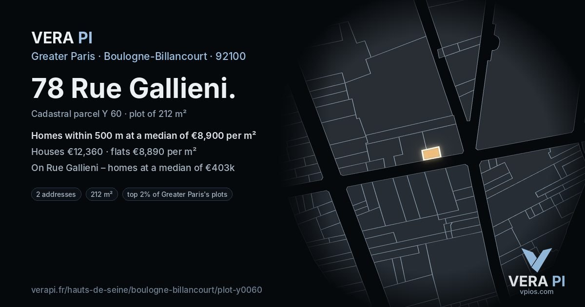 78 Rue Gallieni, Boulogne-Billancourt at night – the plot lit, the parcels around coloured by the prices near them