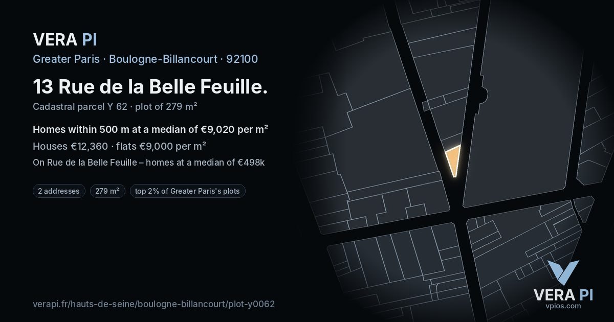 13 Rue de la Belle Feuille, Boulogne-Billancourt at night – the plot lit, the parcels around coloured by the prices near them