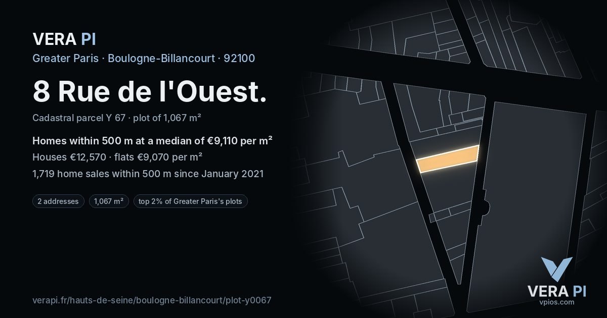 8 Rue de l'Ouest, Boulogne-Billancourt at night – the plot lit, the parcels around coloured by the prices near them