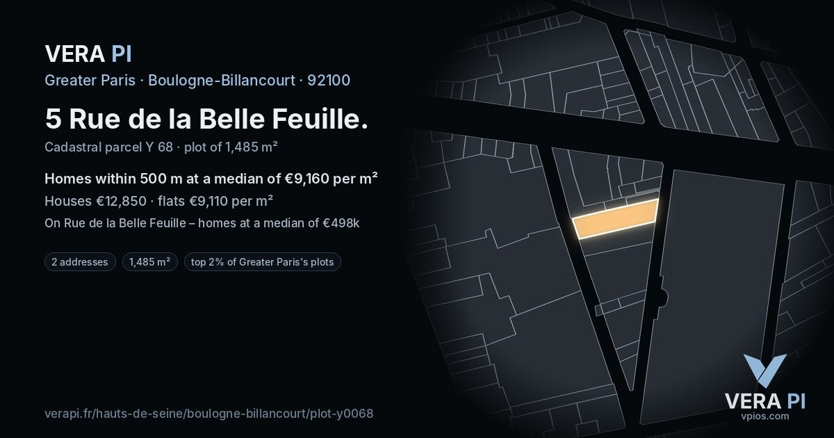 5 Rue de la Belle Feuille, Boulogne-Billancourt at night – the plot lit, the parcels around coloured by the prices near them