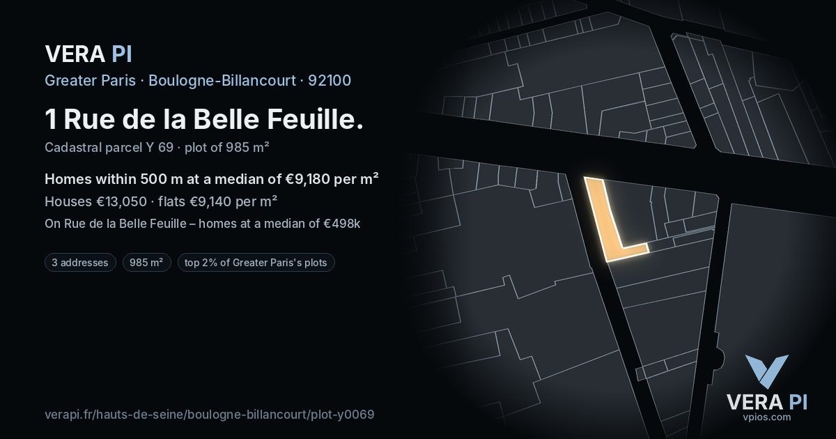 1 Rue de la Belle Feuille, Boulogne-Billancourt at night – the plot lit, the parcels around coloured by the prices near them