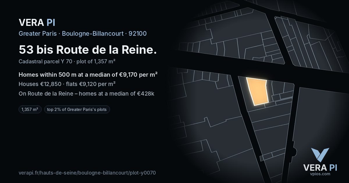 53 bis Route de la Reine, Boulogne-Billancourt at night – the plot lit, the parcels around coloured by the prices near them