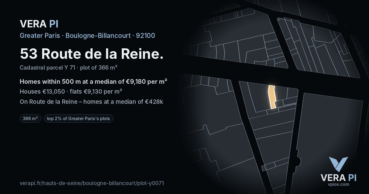 53 Route de la Reine, Boulogne-Billancourt at night – the plot lit, the parcels around coloured by the prices near them