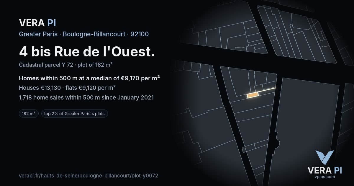 4 bis Rue de l'Ouest, Boulogne-Billancourt at night – the plot lit, the parcels around coloured by the prices near them