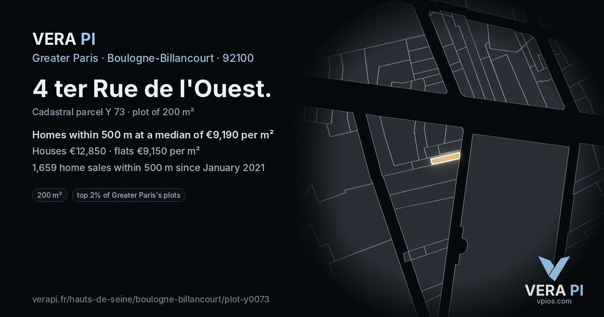 4 ter Rue de l'Ouest, Boulogne-Billancourt at night – the plot lit, the parcels around coloured by the prices near them